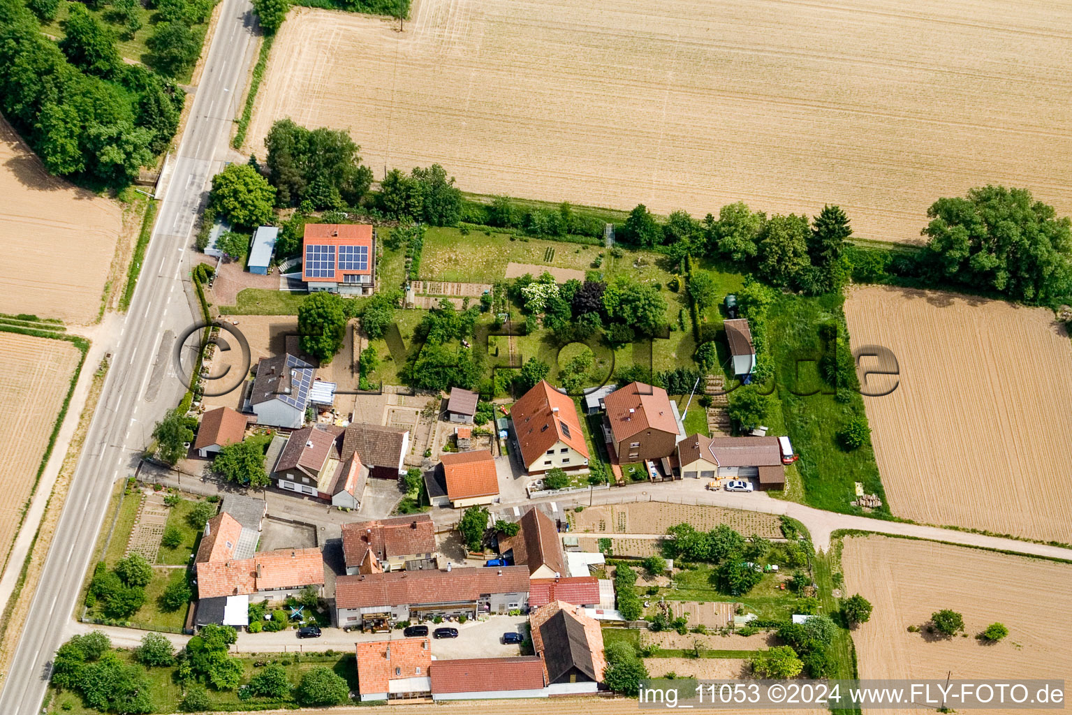 Aerial view of Welschhof from the west in Minfeld in the state Rhineland-Palatinate, Germany