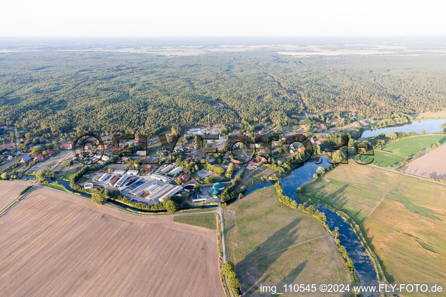 Aerial view of Village on the river bank areas of Krainke in Amt Neuhaus in the state Lower Saxony, Germany