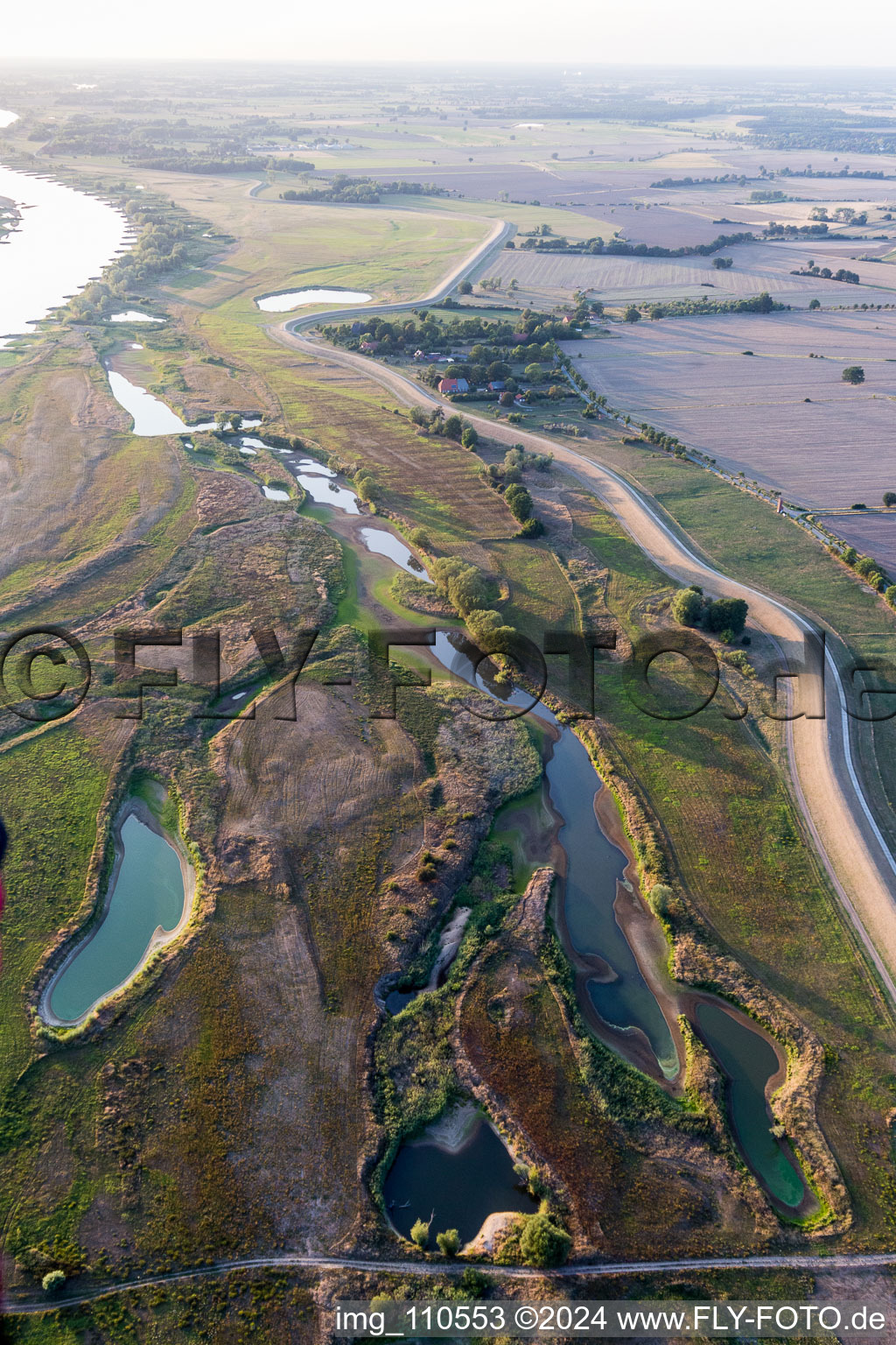 Aerial view of Groyne head of the of Elbe river course and its Polof in the district Pommau in Amt Neuhaus in the state Lower Saxony, Germany