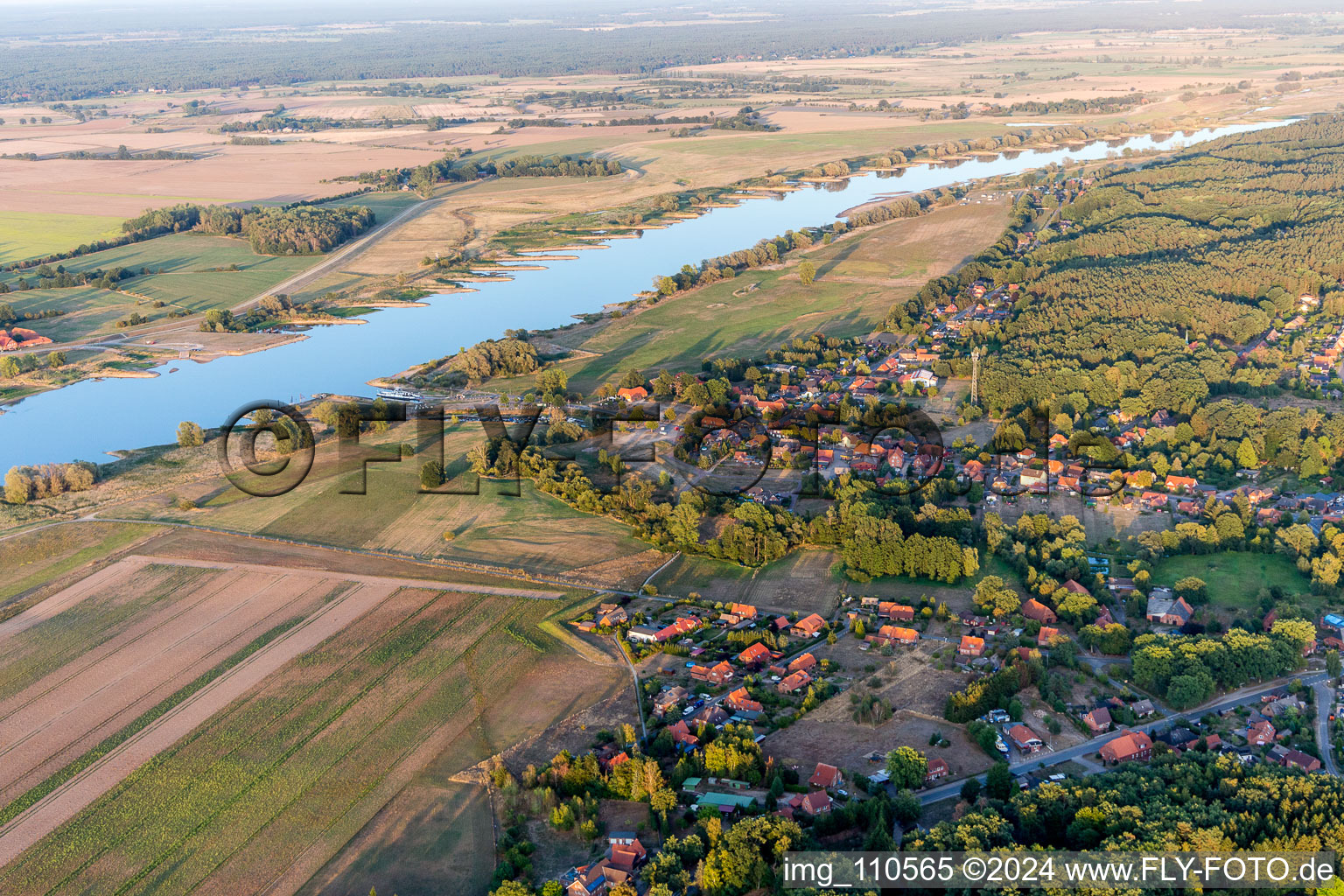 Aerial view of Village on the river bank areas of the River Elbe in Neu Darchau in the state Lower Saxony, Germany