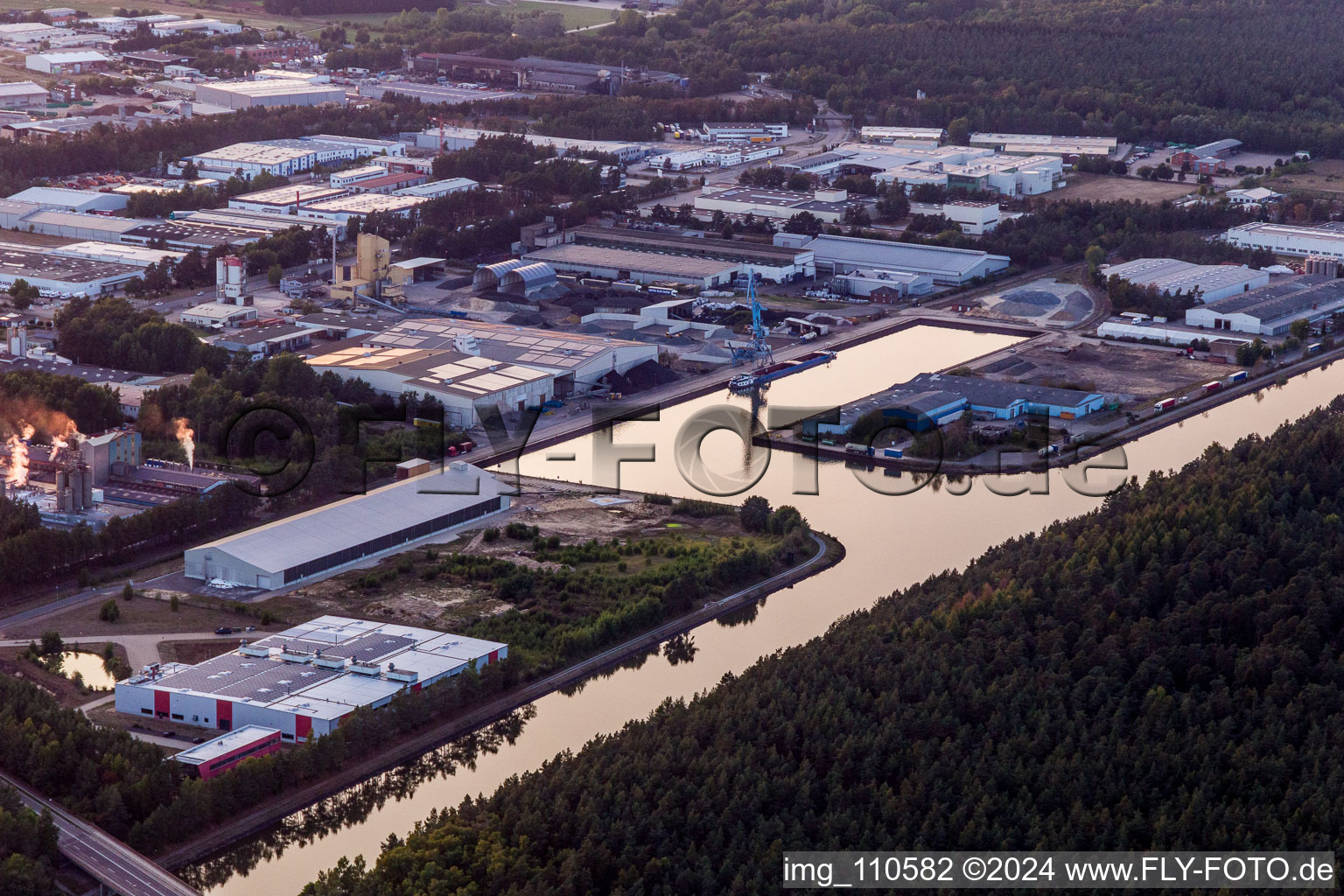 Aerial view of Quays and boat moorings at the port of the inland port on Elbe-side-channel in Lueneburg in the state Lower Saxony, Germany