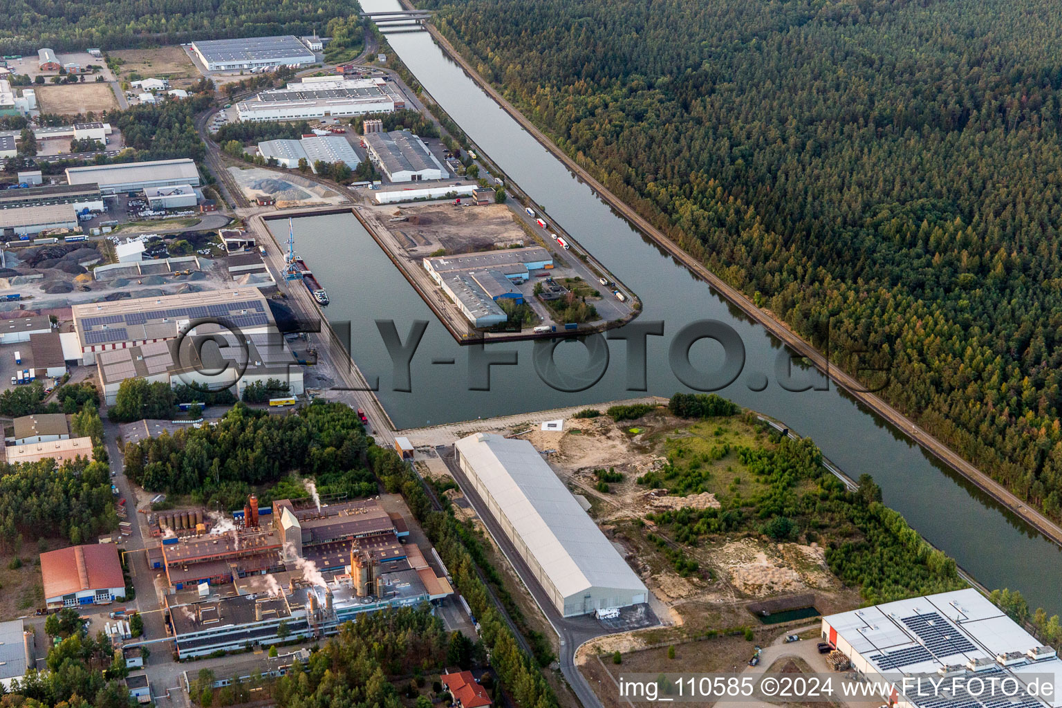 Aerial photograpy of Quays and boat moorings at the port of the inland port on Elbe-side-channel in Lueneburg in the state Lower Saxony, Germany