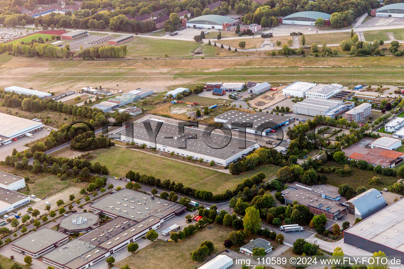 Oblique view of Industrial area between port and airport in Lüneburg in the state Lower Saxony, Germany