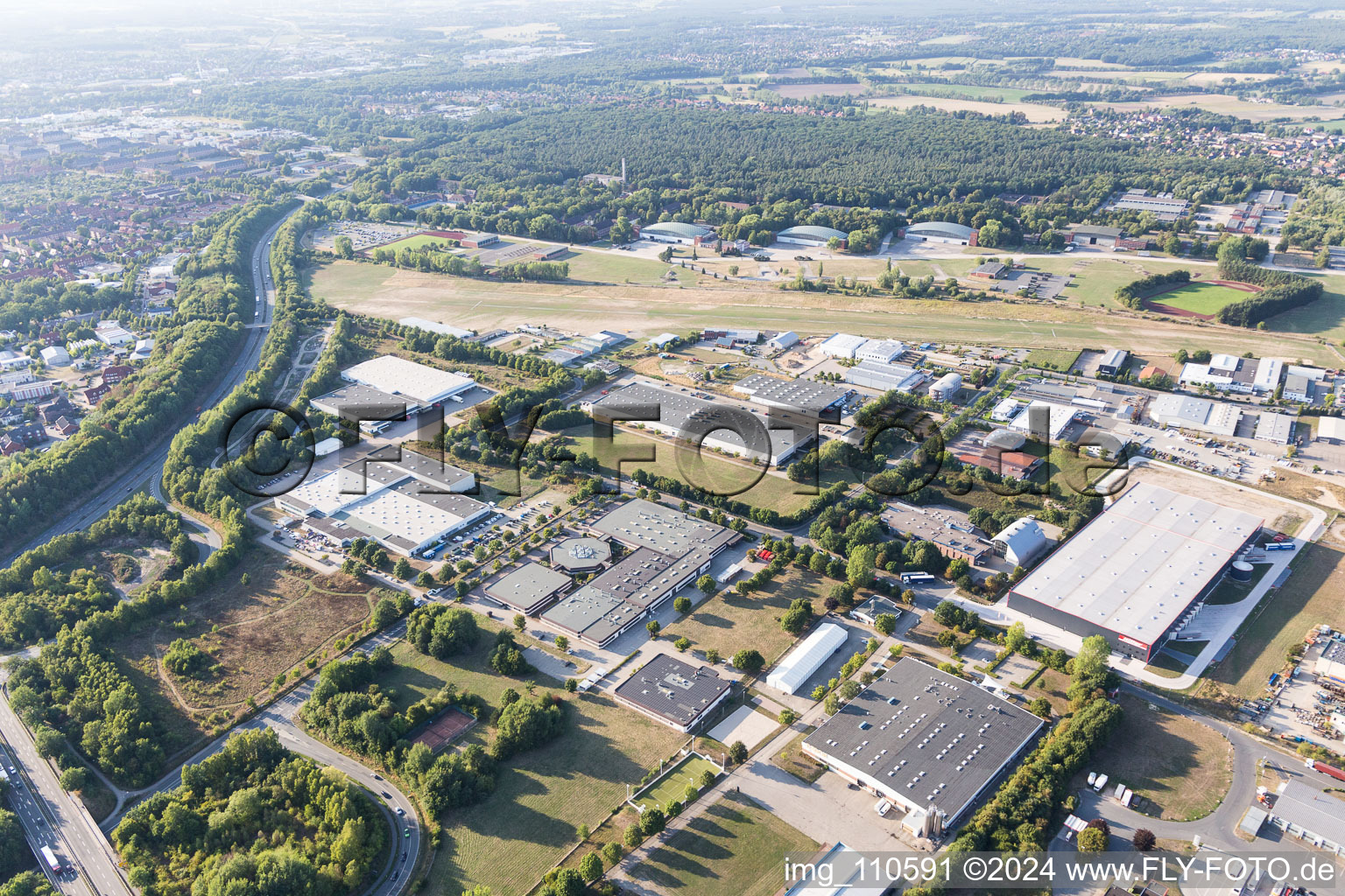 Industrial area between port and airport in Lüneburg in the state Lower Saxony, Germany out of the air