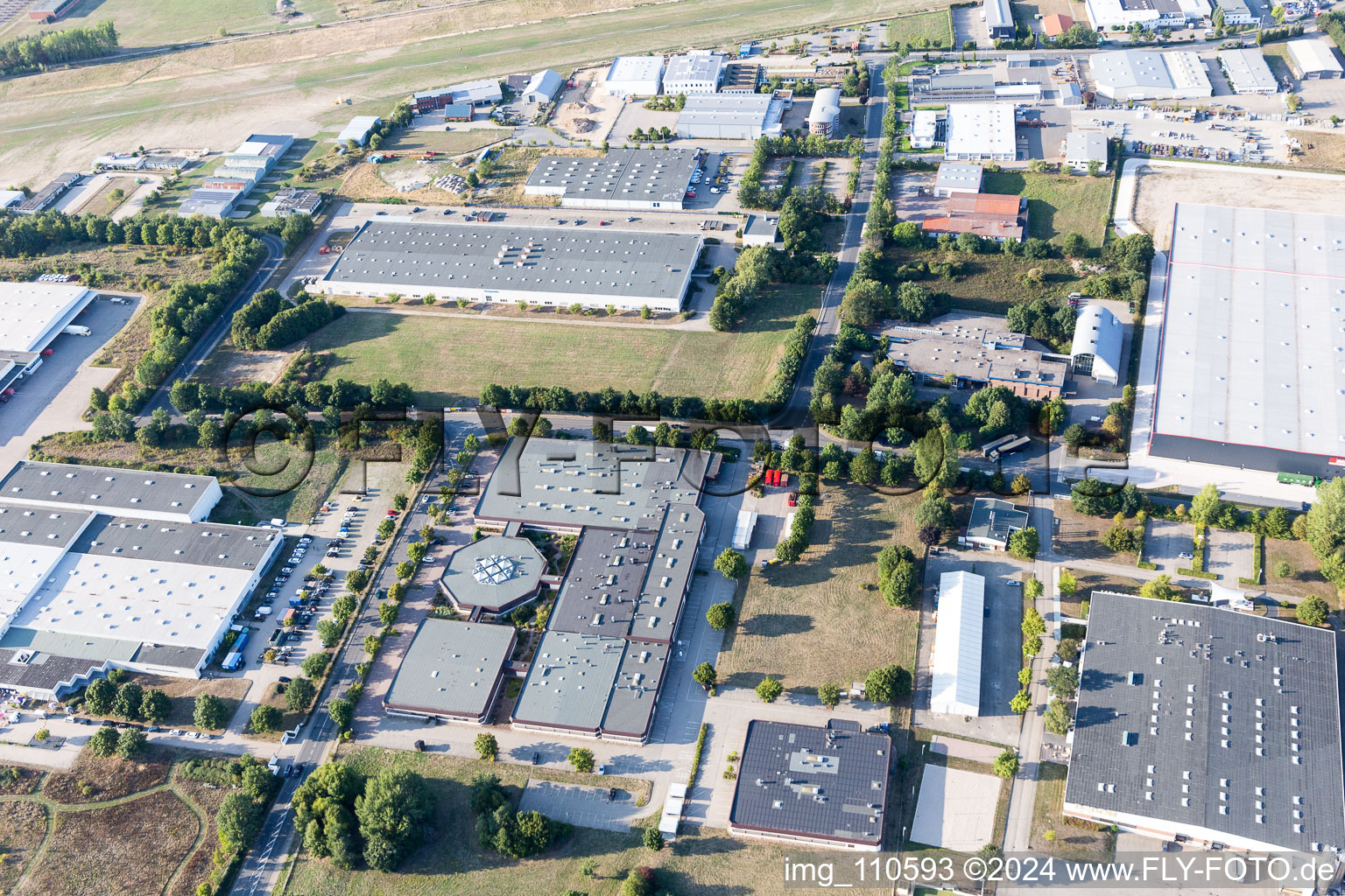 Industrial area between port and airport in Lüneburg in the state Lower Saxony, Germany seen from above