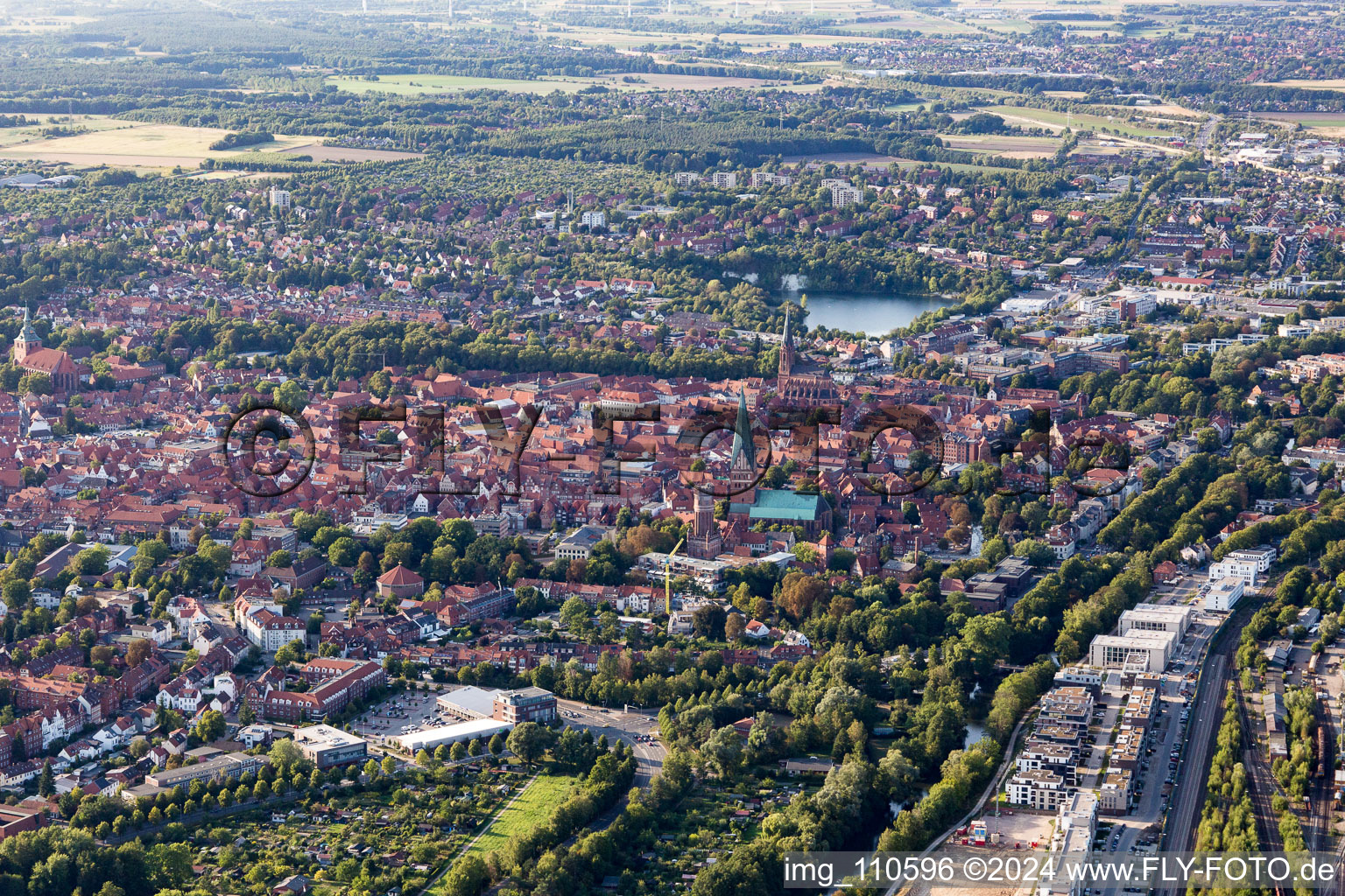 Old Town area and city center in Lueneburg in the state Lower Saxony, Germany from above