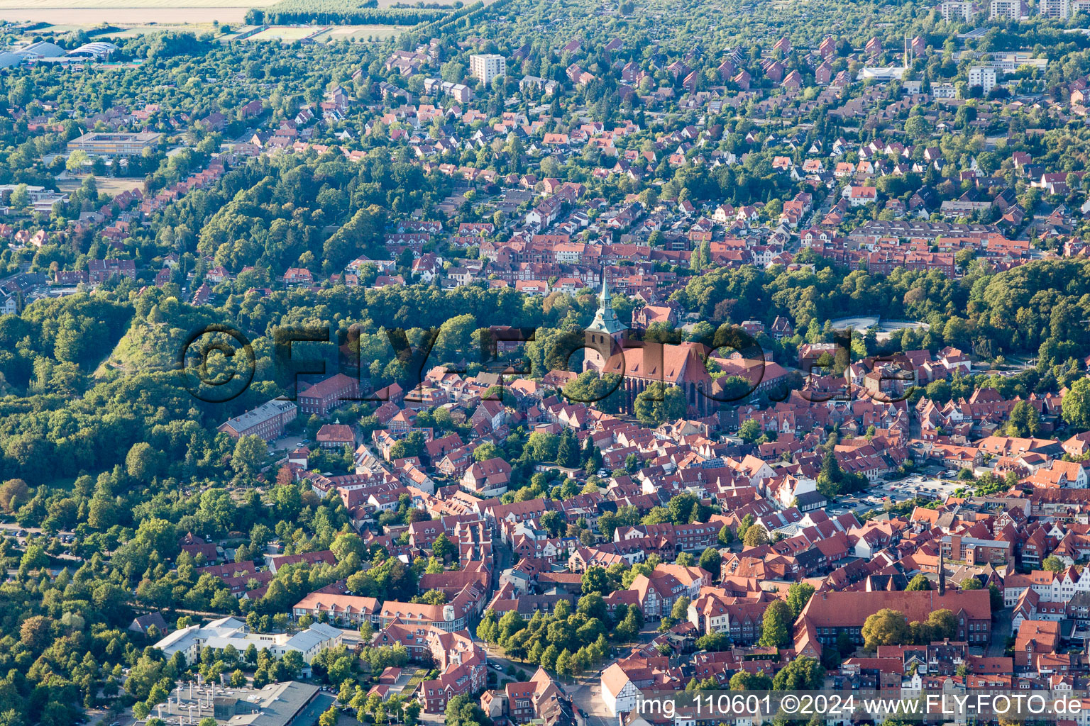 Old Town area and city center in Lueneburg in the state Lower Saxony, Germany out of the air