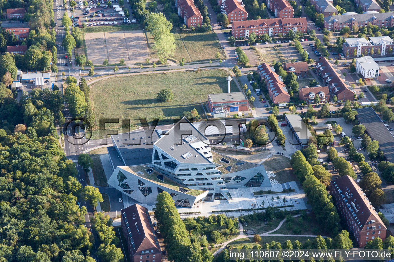 Aerial view of Campus University- area Zentralgebaeude Leuphana Universitaet Lueneburg of vom architect Libeskind in Lueneburg in the state Lower Saxony, Germany