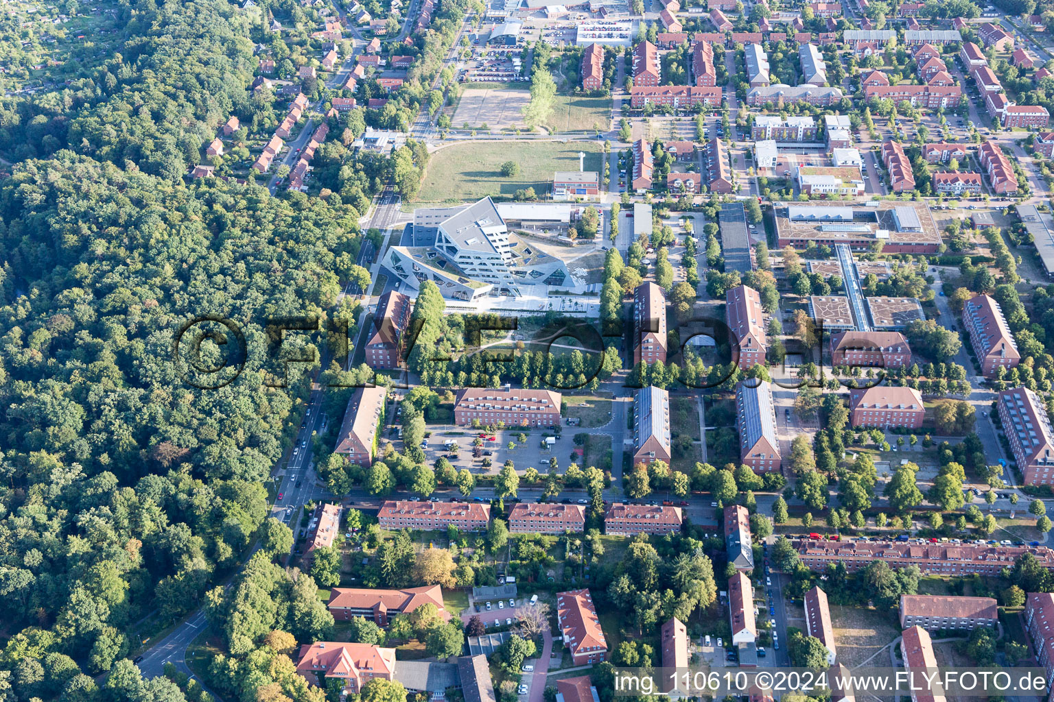 Aerial photograpy of Campus University- area Zentralgebaeude Leuphana Universitaet Lueneburg of vom architect Libeskind in Lueneburg in the state Lower Saxony, Germany