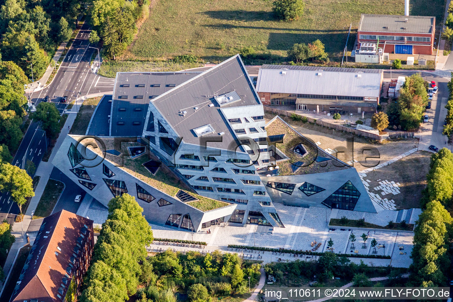 Aerial view of Campus University- area Zentralgebaeude Leuphana Universitaet Lueneburg of vom architect Libeskind in Lueneburg in the state Lower Saxony, Germany