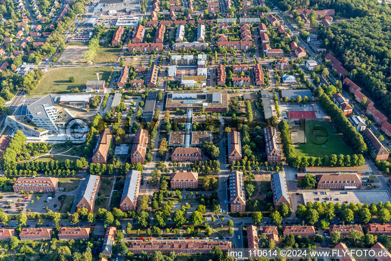 Aerial photograpy of Campus University- area Zentralgebaeude Leuphana Universitaet Lueneburg of vom architect Libeskind in Lueneburg in the state Lower Saxony, Germany