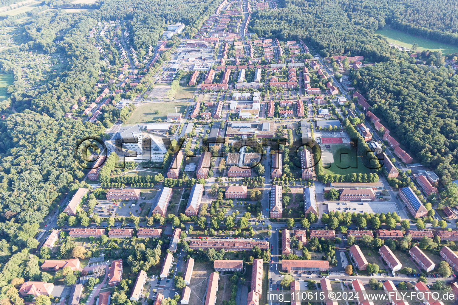 Oblique view of Campus University- area Zentralgebaeude Leuphana Universitaet Lueneburg of vom architect Libeskind in Lueneburg in the state Lower Saxony, Germany