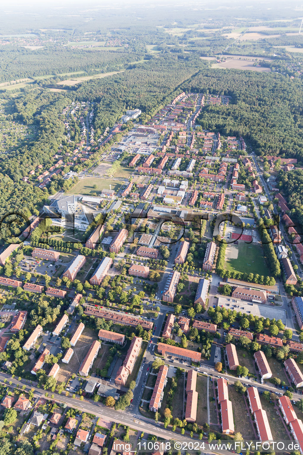 Campus University- area Zentralgebaeude Leuphana Universitaet Lueneburg of vom architect Libeskind in Lueneburg in the state Lower Saxony, Germany from above