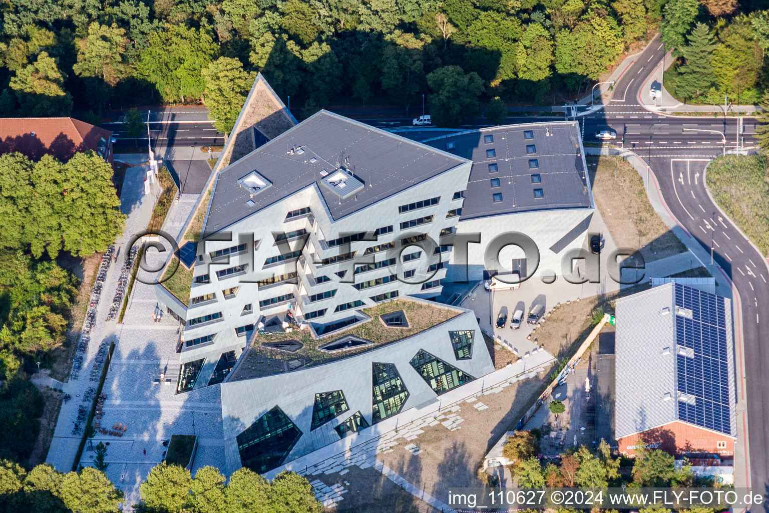 Campus University- area Zentralgebaeude Leuphana Universitaet Lueneburg of vom architect Libeskind in Lueneburg in the state Lower Saxony, Germany from above