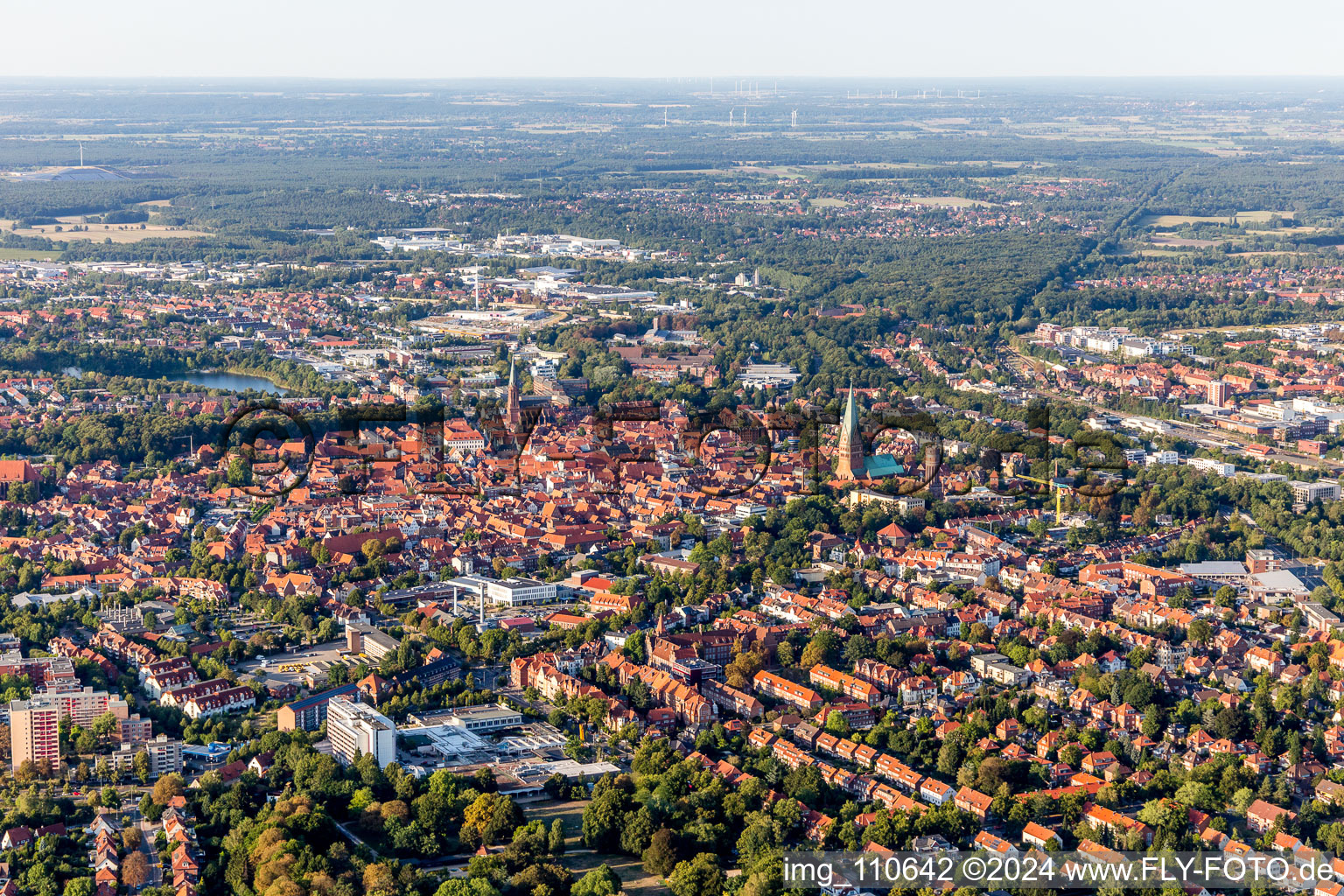 Old Town area and city center in Lueneburg in the state Lower Saxony, Germany seen from above