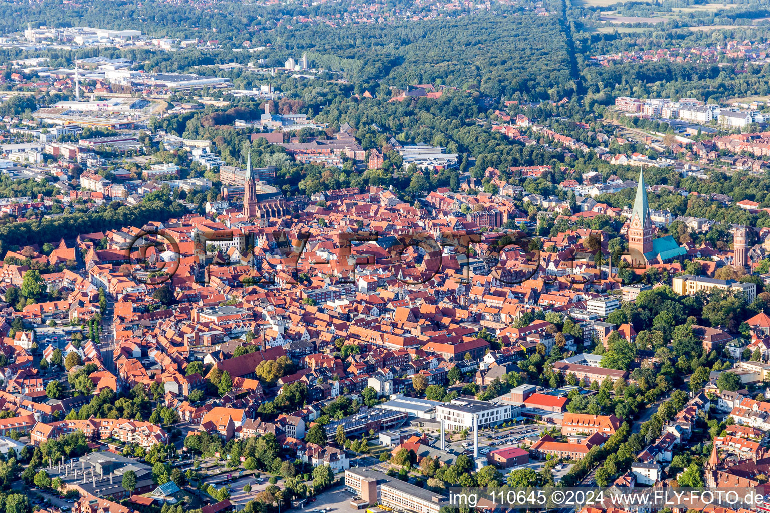 Old Town area and city center in Lueneburg in the state Lower Saxony, Germany from the plane