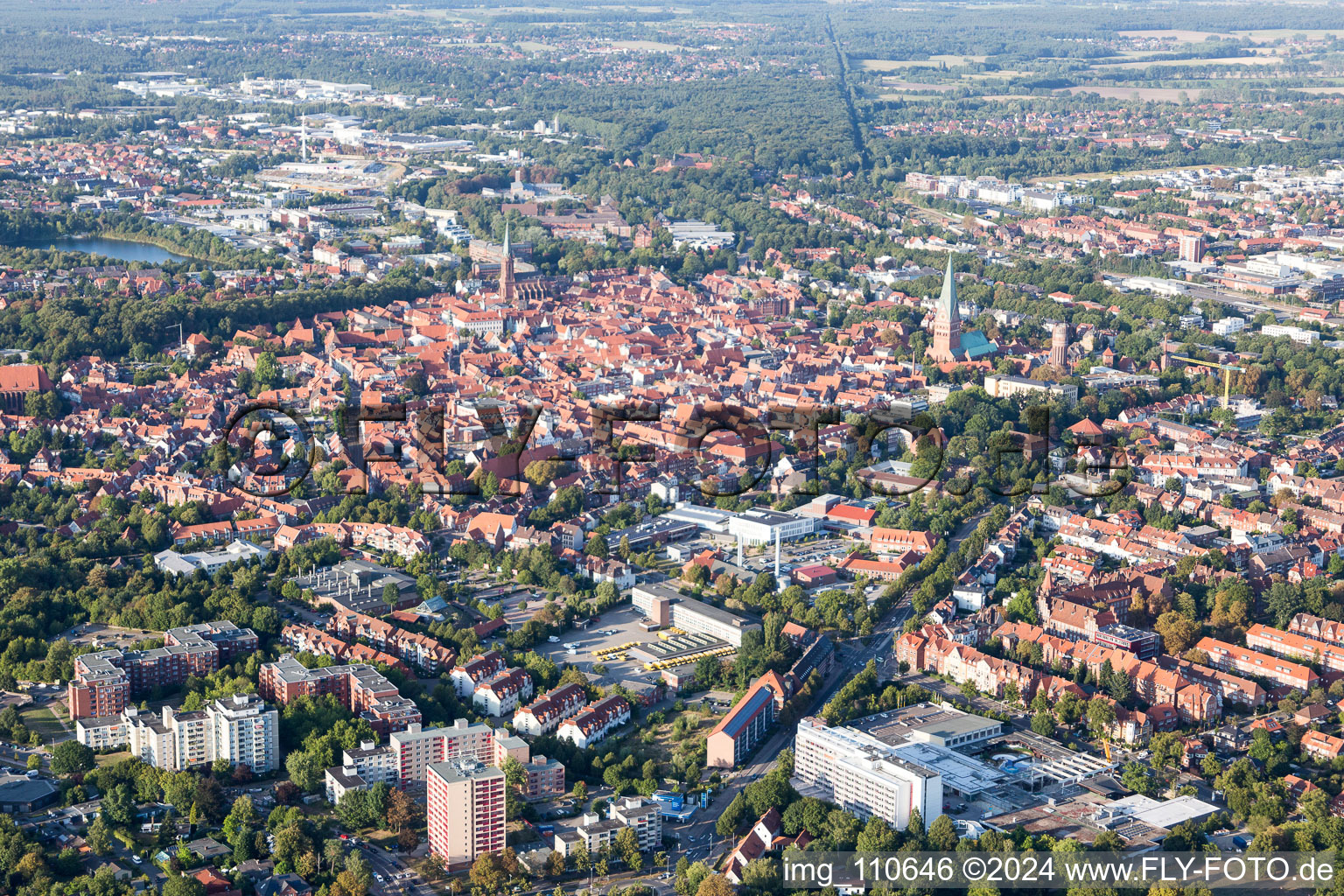 Bird's eye view of Old Town area and city center in Lueneburg in the state Lower Saxony, Germany