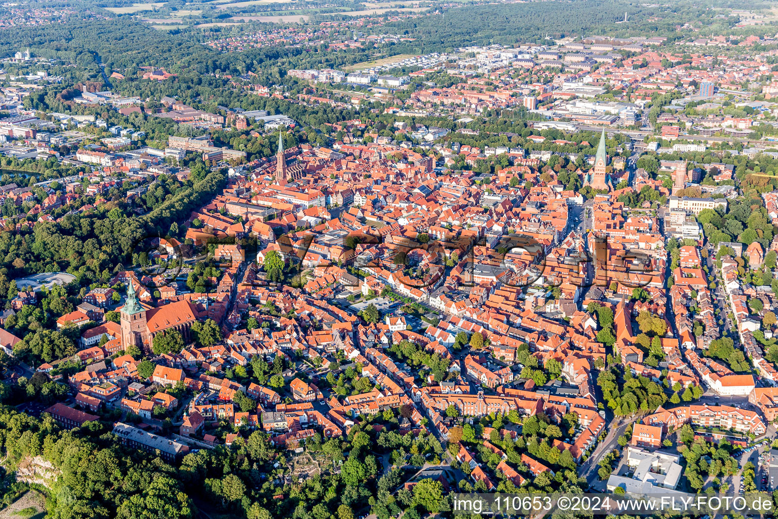 Drone recording of Old Town area and city center in Lueneburg in the state Lower Saxony, Germany