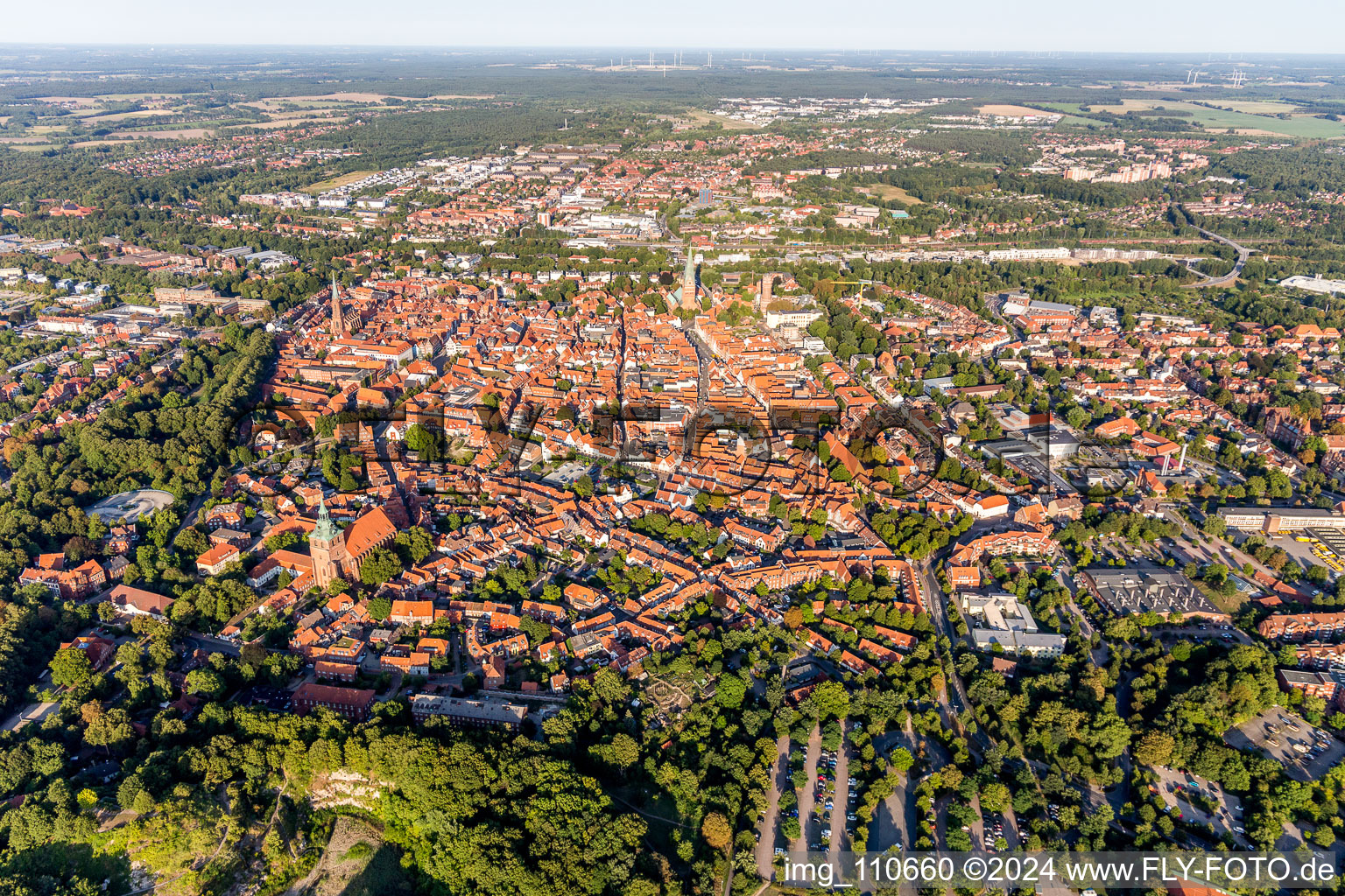 Drone image of Old Town area and city center in Lueneburg in the state Lower Saxony, Germany