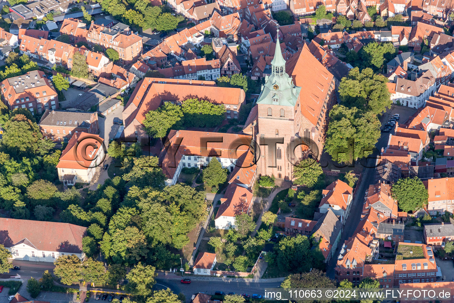 Aerial view of Church building St. Michaeliskirche in Lueneburg in the state Lower Saxony, Germany