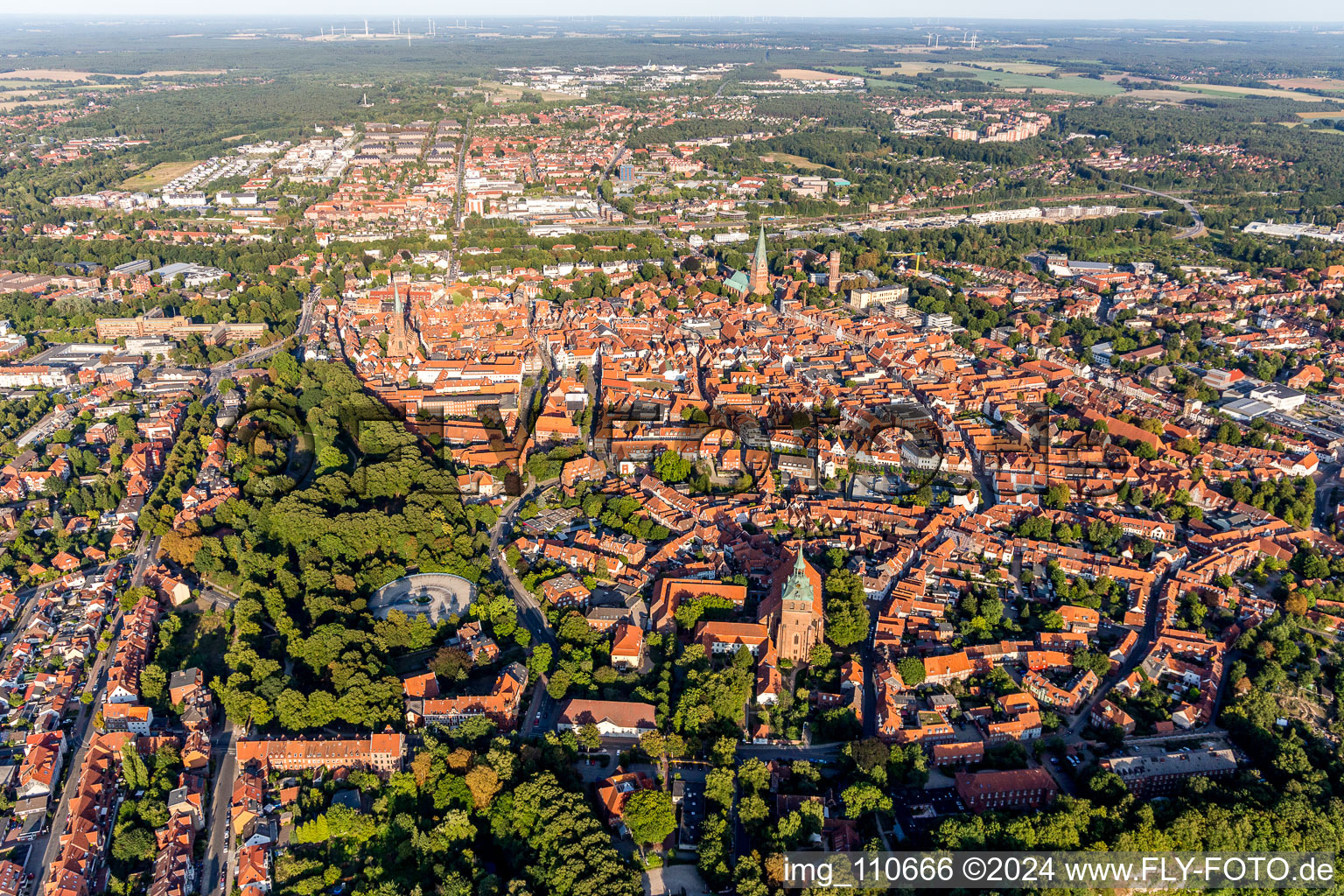 Old Town area and city center in Lueneburg in the state Lower Saxony, Germany from the drone perspective