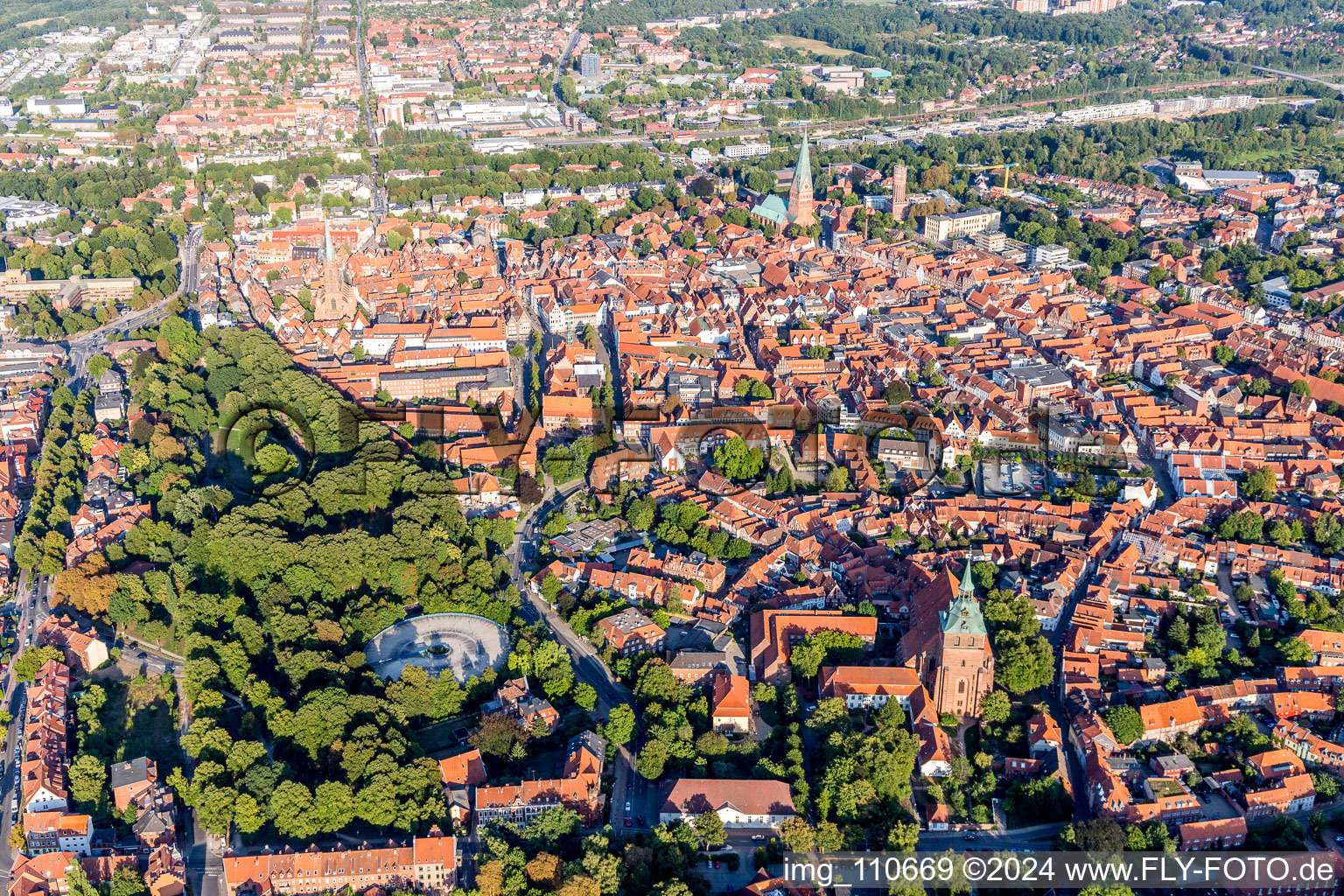 Old Town area and city center in Lueneburg in the state Lower Saxony, Germany from a drone