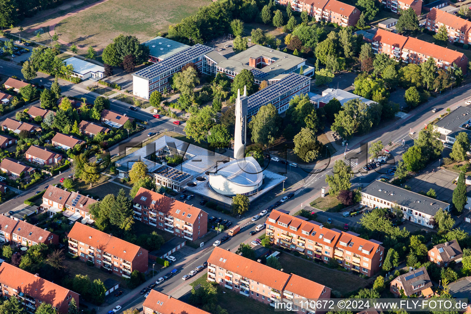 Old Town area and city center in Lueneburg in the state Lower Saxony, Germany seen from a drone