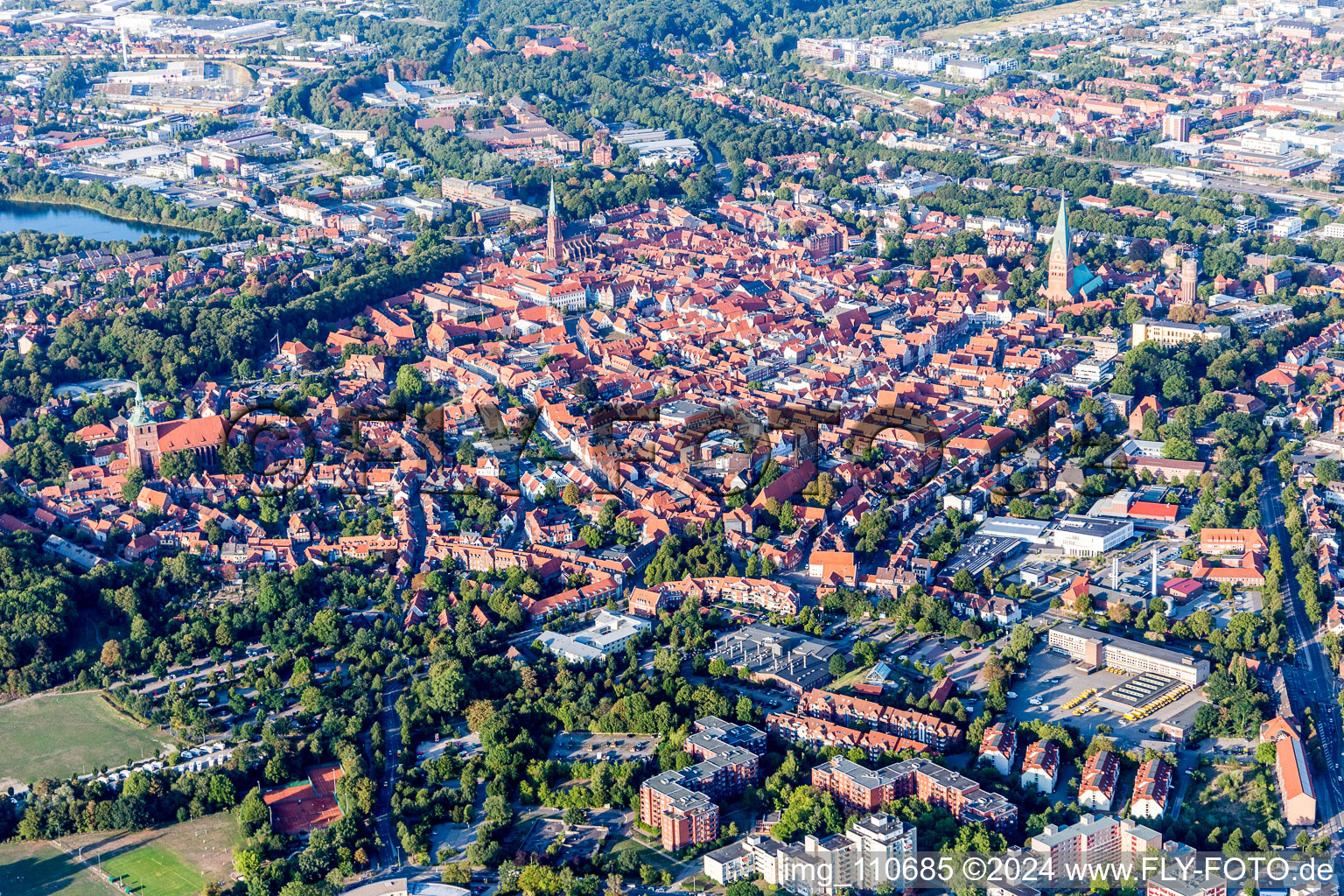 Aerial photograpy of Old Town area and city center in Lueneburg in the state Lower Saxony, Germany