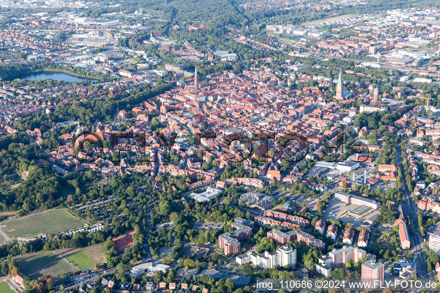 Oblique view of Old Town area and city center in Lueneburg in the state Lower Saxony, Germany