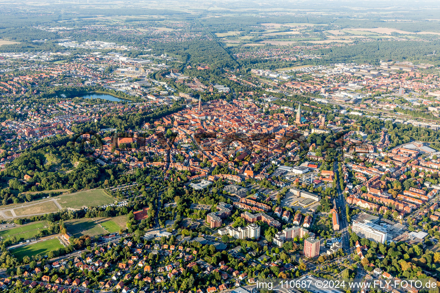 Old Town area and city center in Lueneburg in the state Lower Saxony, Germany from above