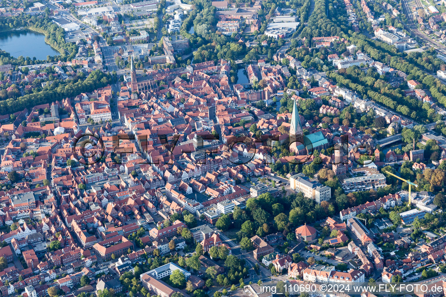 Old Town area and city center in Lueneburg in the state Lower Saxony, Germany out of the air