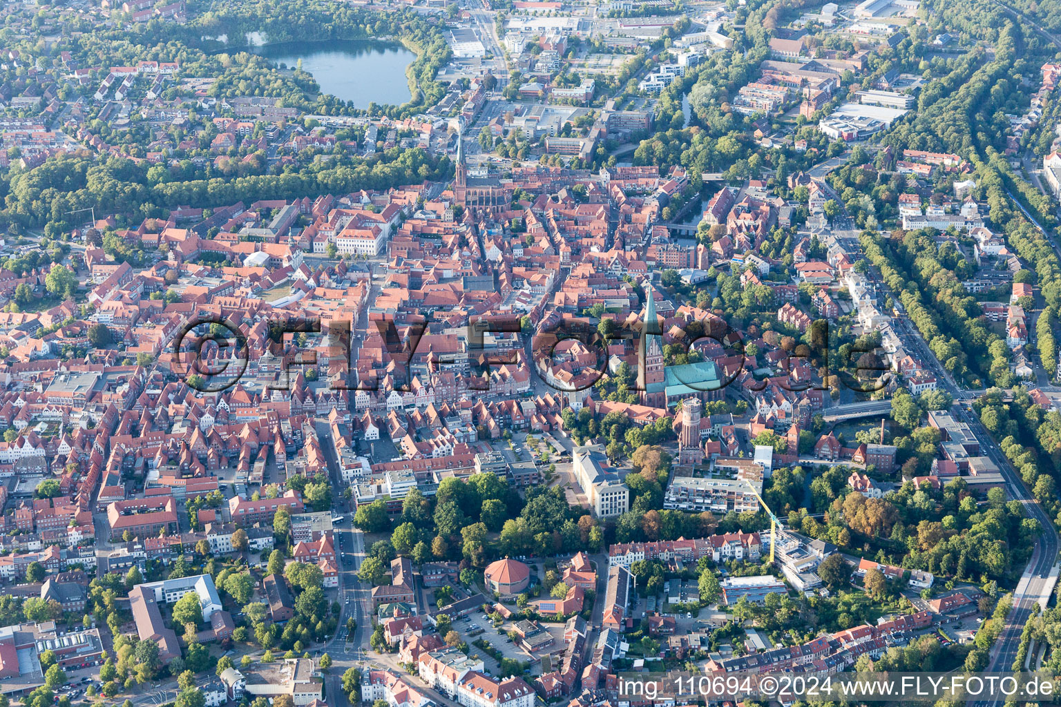 Old Town area and city center in Lueneburg in the state Lower Saxony, Germany seen from above