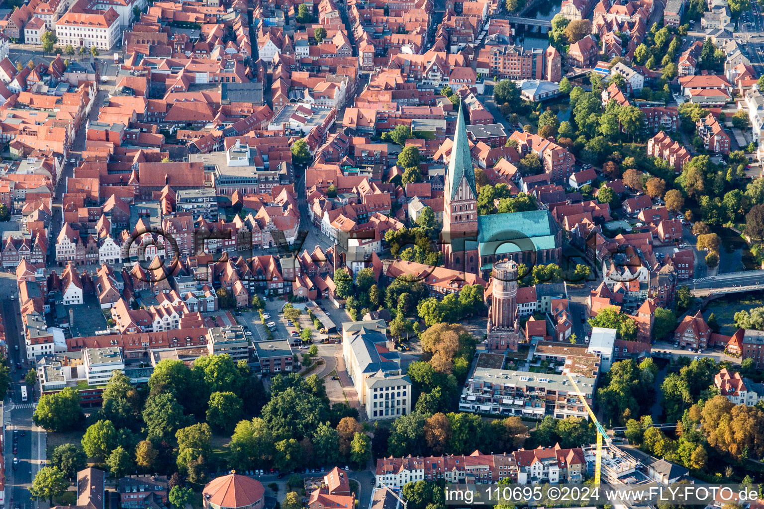 Aerial view of Church building St. Johanniskirche in Lueneburg in the state Lower Saxony, Germany