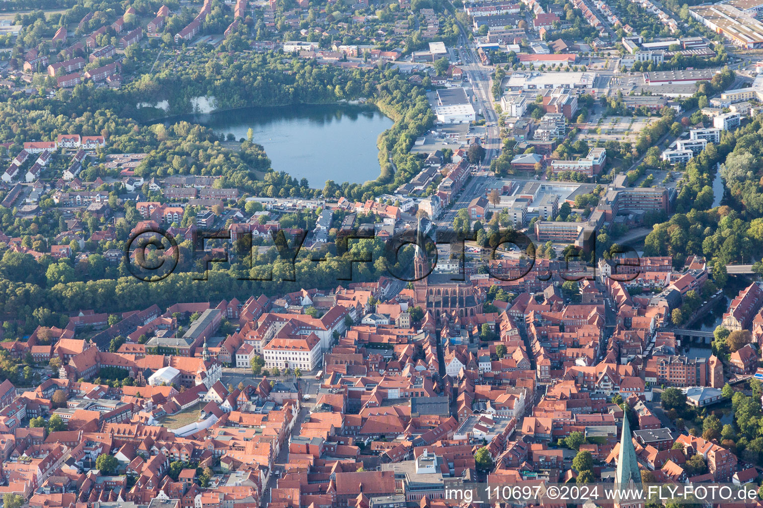 Old Town area and city center in Lueneburg in the state Lower Saxony, Germany from the plane