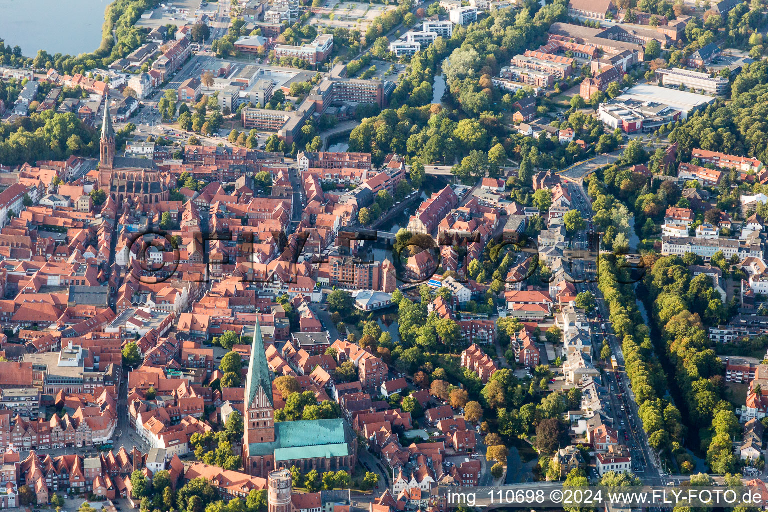 Aerial photograpy of Church building St. Johanniskirche in Lueneburg in the state Lower Saxony, Germany