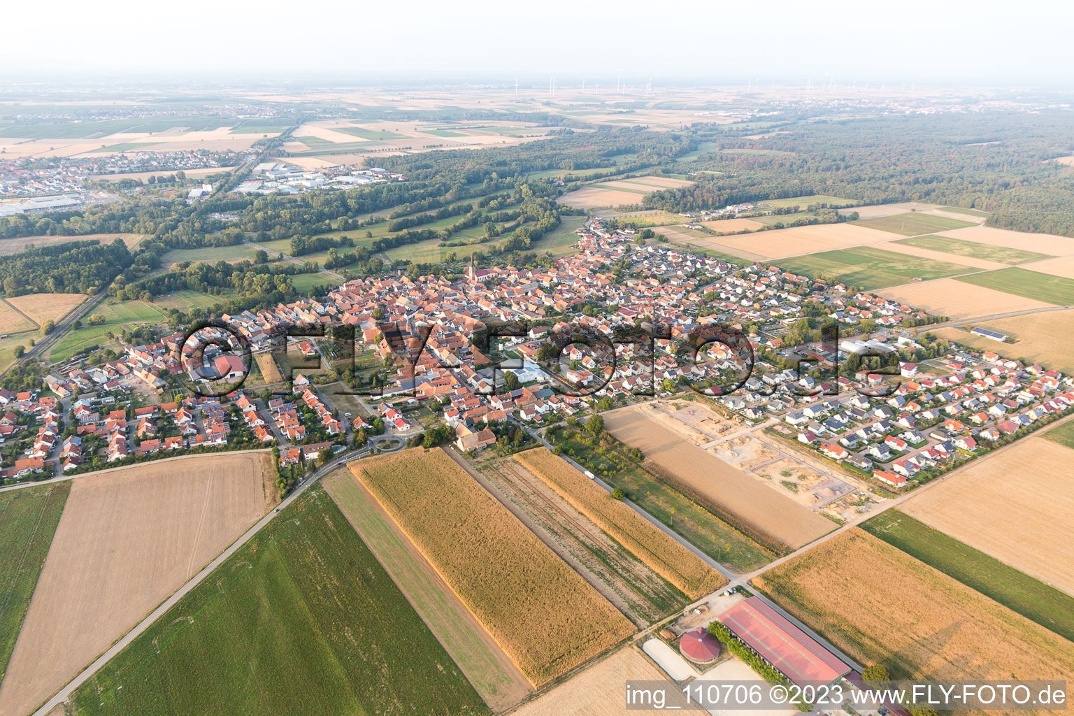 Aerial view of Expansion of the new Brotäcker development area in Steinweiler in the state Rhineland-Palatinate, Germany