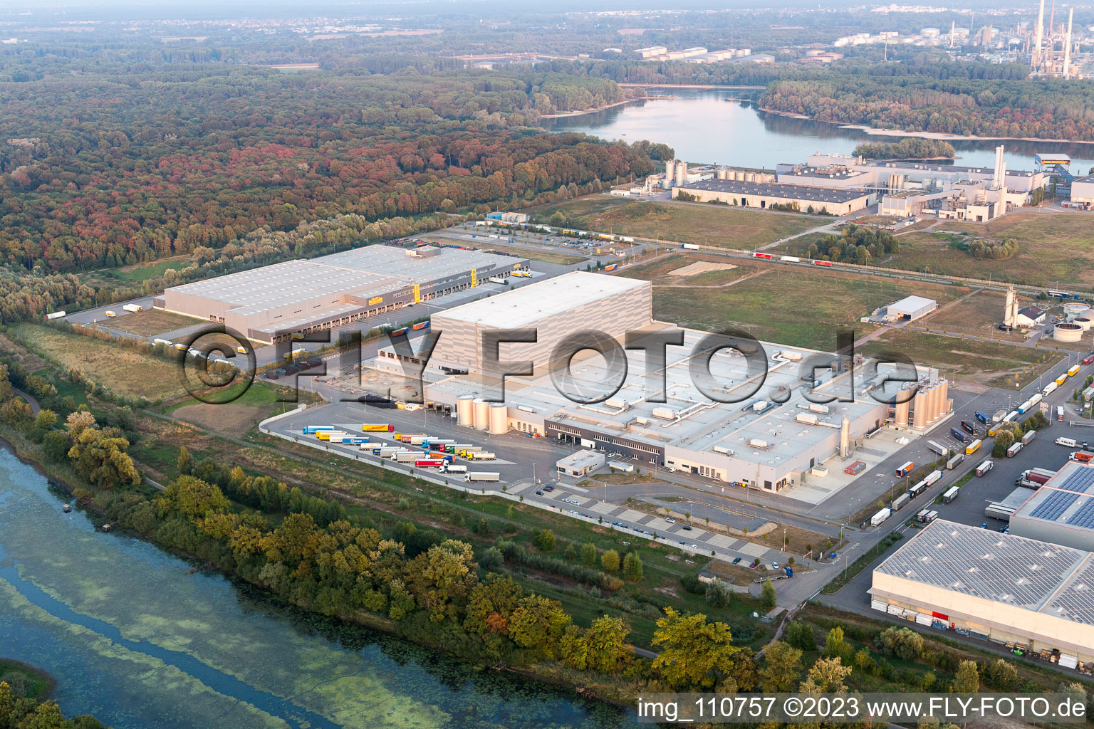 Oberwald industrial area in Wörth am Rhein in the state Rhineland-Palatinate, Germany seen from a drone
