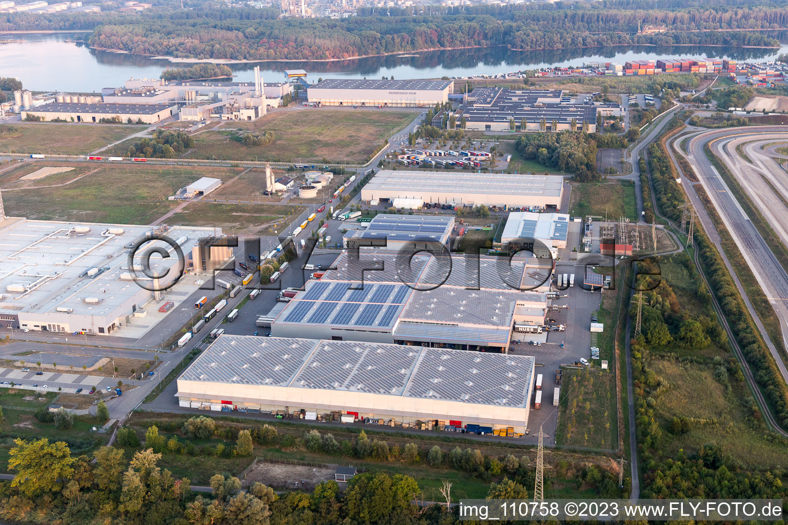 Aerial view of Oberwald industrial area in Wörth am Rhein in the state Rhineland-Palatinate, Germany