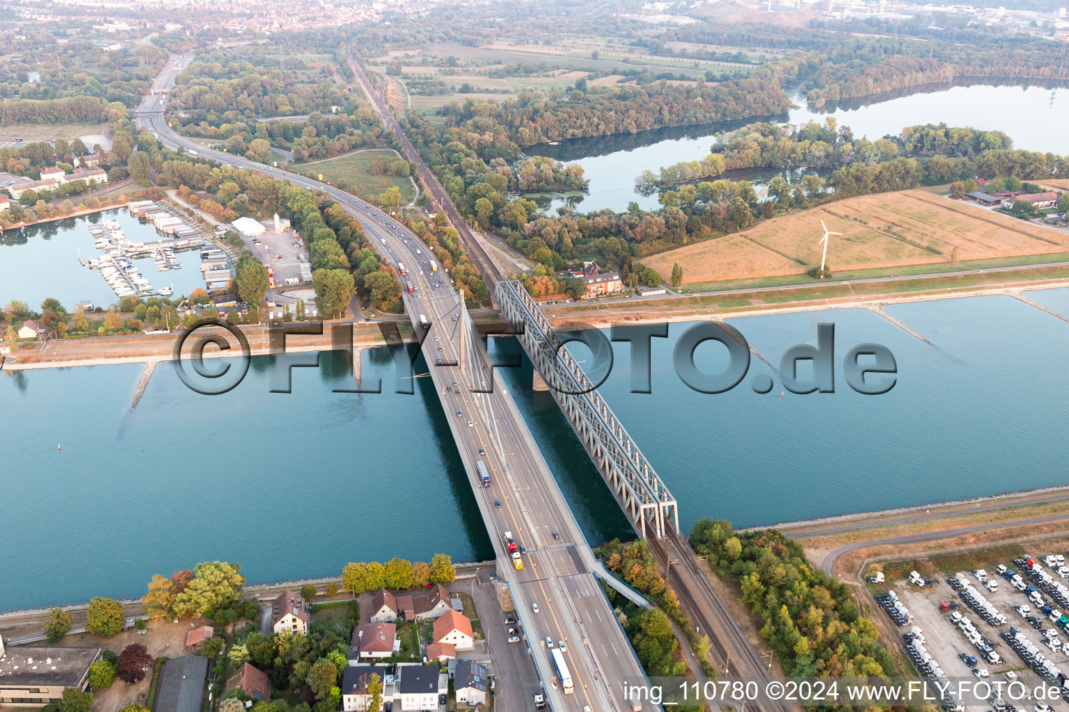 Rhine bridges in the district Maximiliansau in Wörth am Rhein in the state Rhineland-Palatinate, Germany seen from above