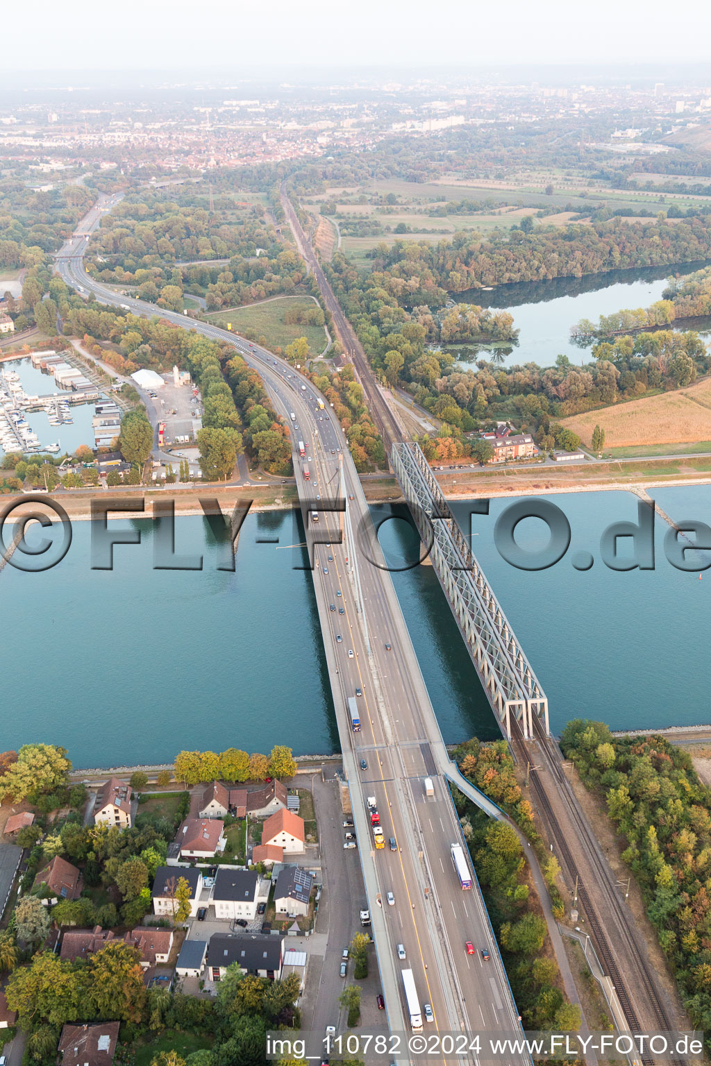 Rhine bridges in the district Maximiliansau in Wörth am Rhein in the state Rhineland-Palatinate, Germany from the plane