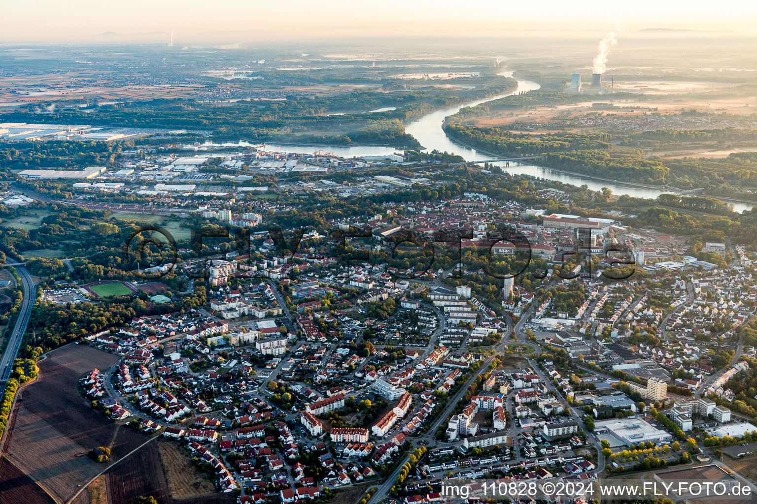 City view on the river bank of the Rhine river in Germersheim in the state Rhineland-Palatinate, Germany