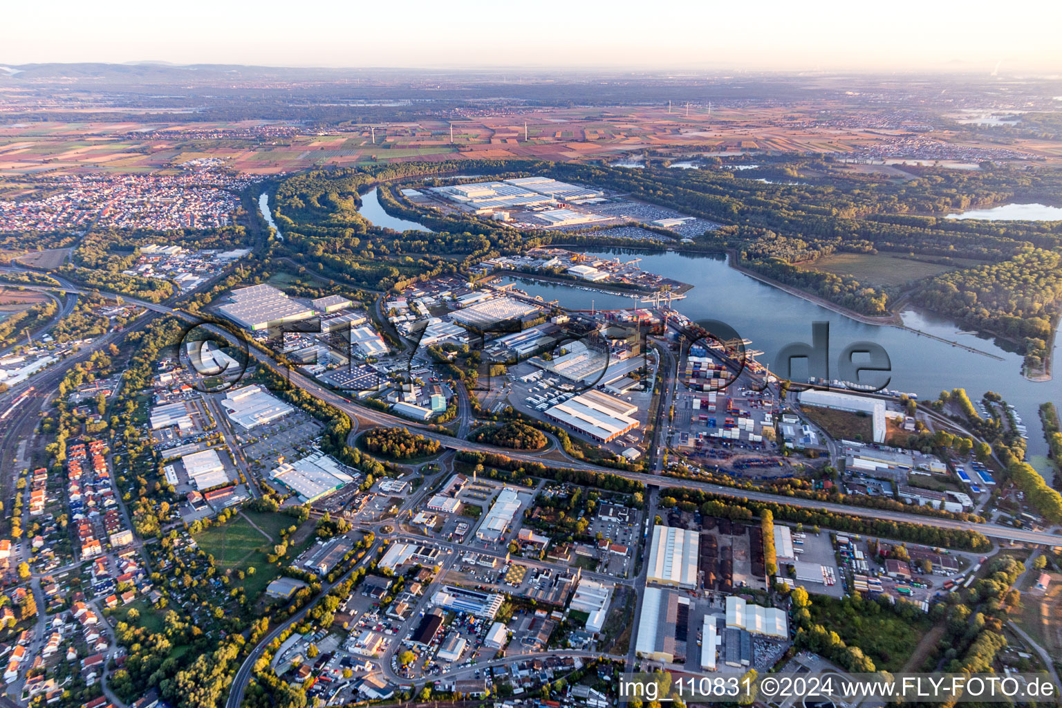 Quays and boat moorings at the port of the inland port of the Rhine river in Germersheim in the state Rhineland-Palatinate, Germany