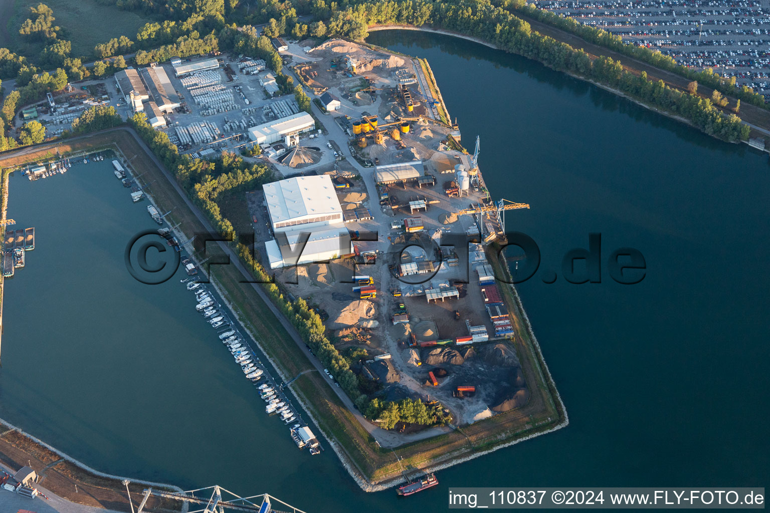 Quays and boat moorings at the port of the inland port of the Rhine river in Germersheim in the state Rhineland-Palatinate, Germany