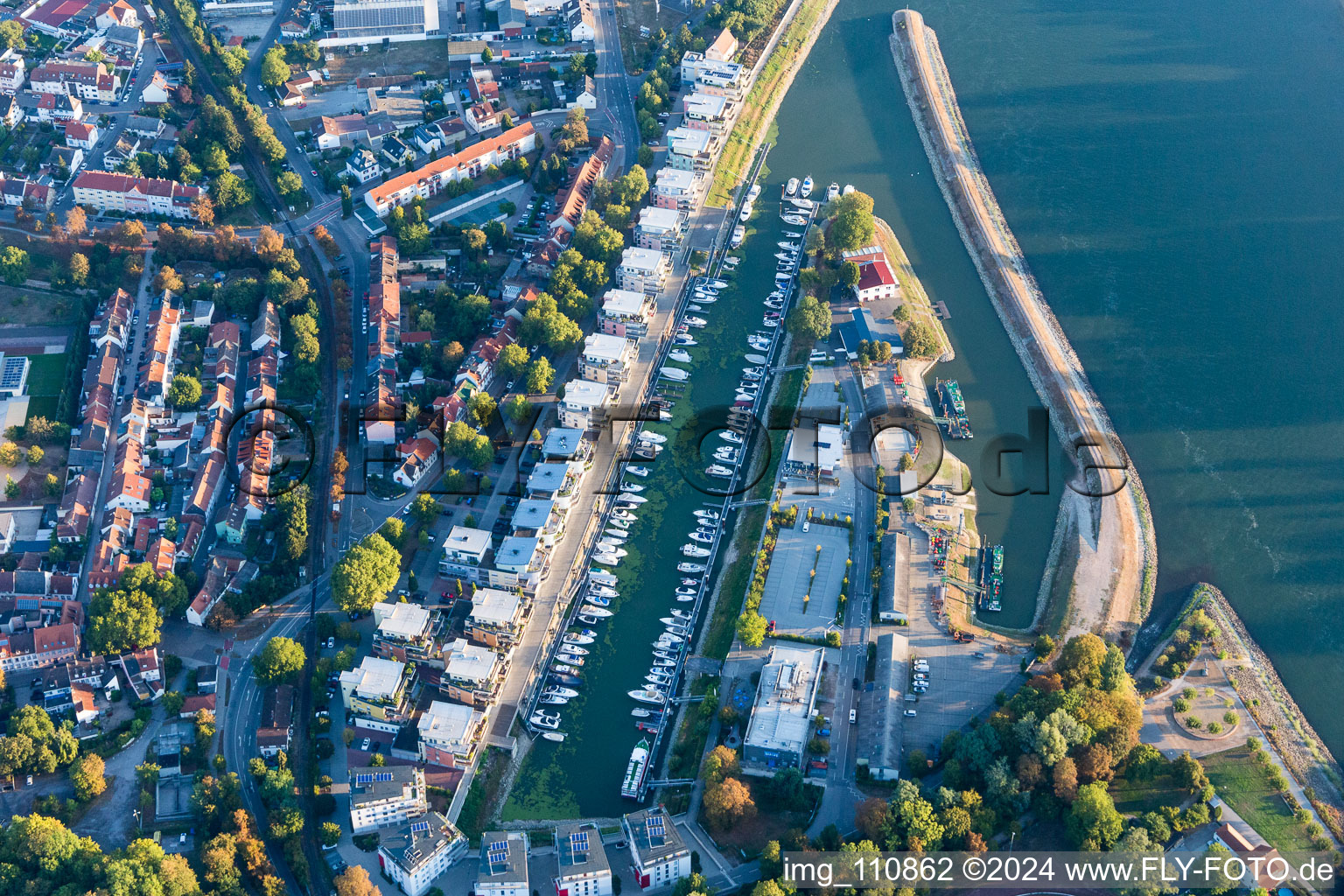 Pleasure boat marina with docks and moorings on the shore area of alten Hafen on Rhein in Speyer in the state Rhineland-Palatinate, Germany