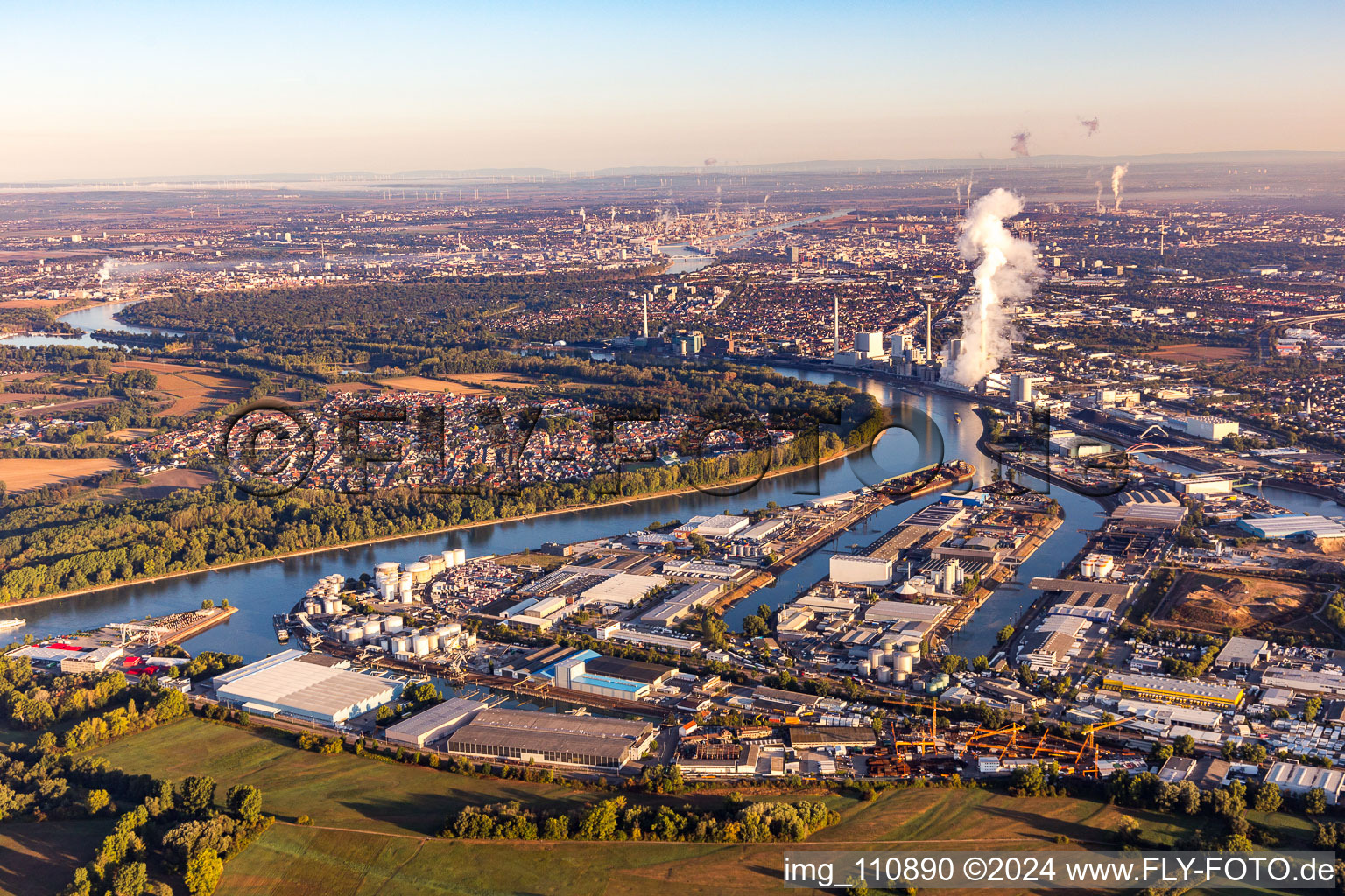 Rheinau Harbour in the district Rheinau in Mannheim in the state Baden-Wuerttemberg, Germany seen from a drone