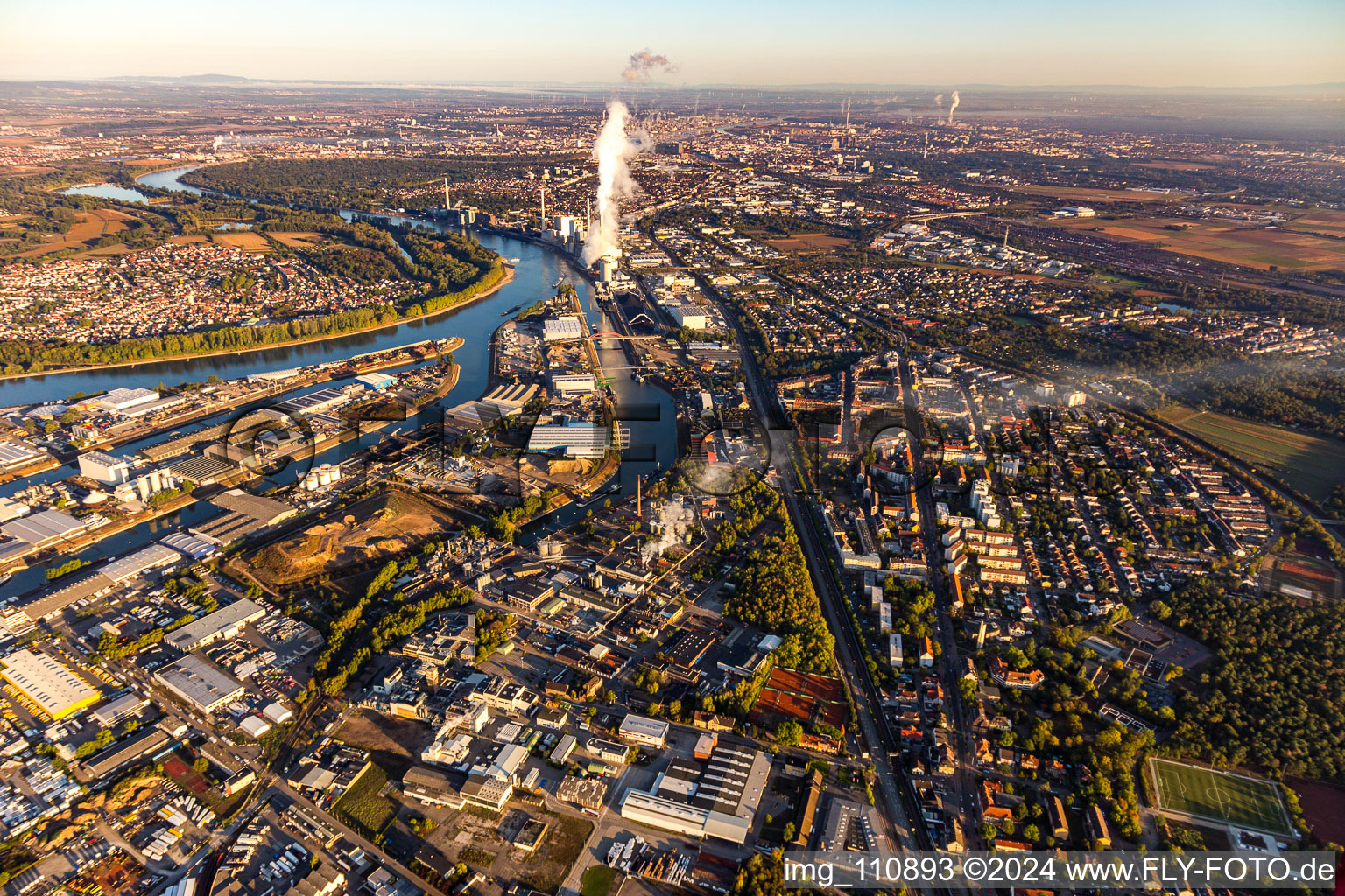 Aerial view of Rheinau Harbour in the district Rheinau in Mannheim in the state Baden-Wuerttemberg, Germany