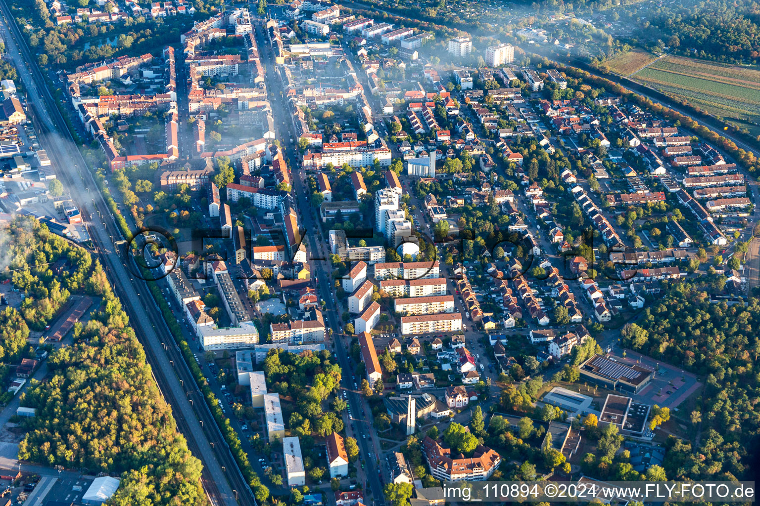 District Rheinau in Mannheim in the state Baden-Wuerttemberg, Germany from the plane