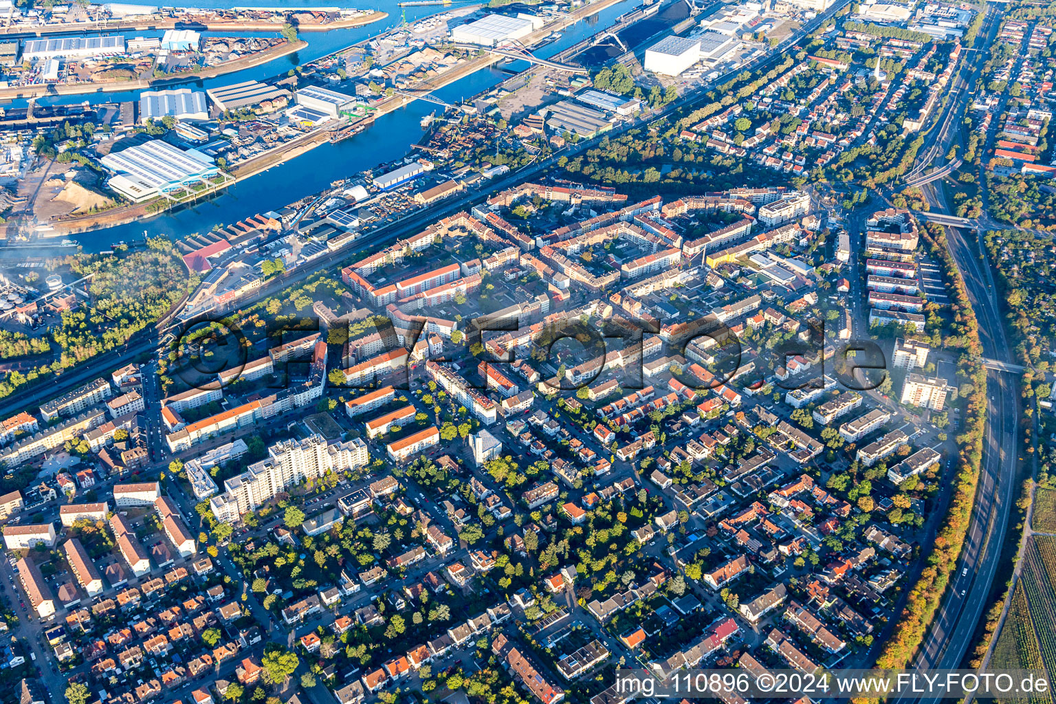 Bird's eye view of District Rheinau in Mannheim in the state Baden-Wuerttemberg, Germany