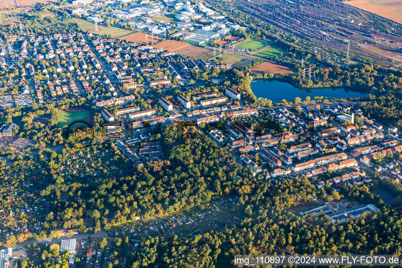 District Rheinau in Mannheim in the state Baden-Wuerttemberg, Germany viewn from the air