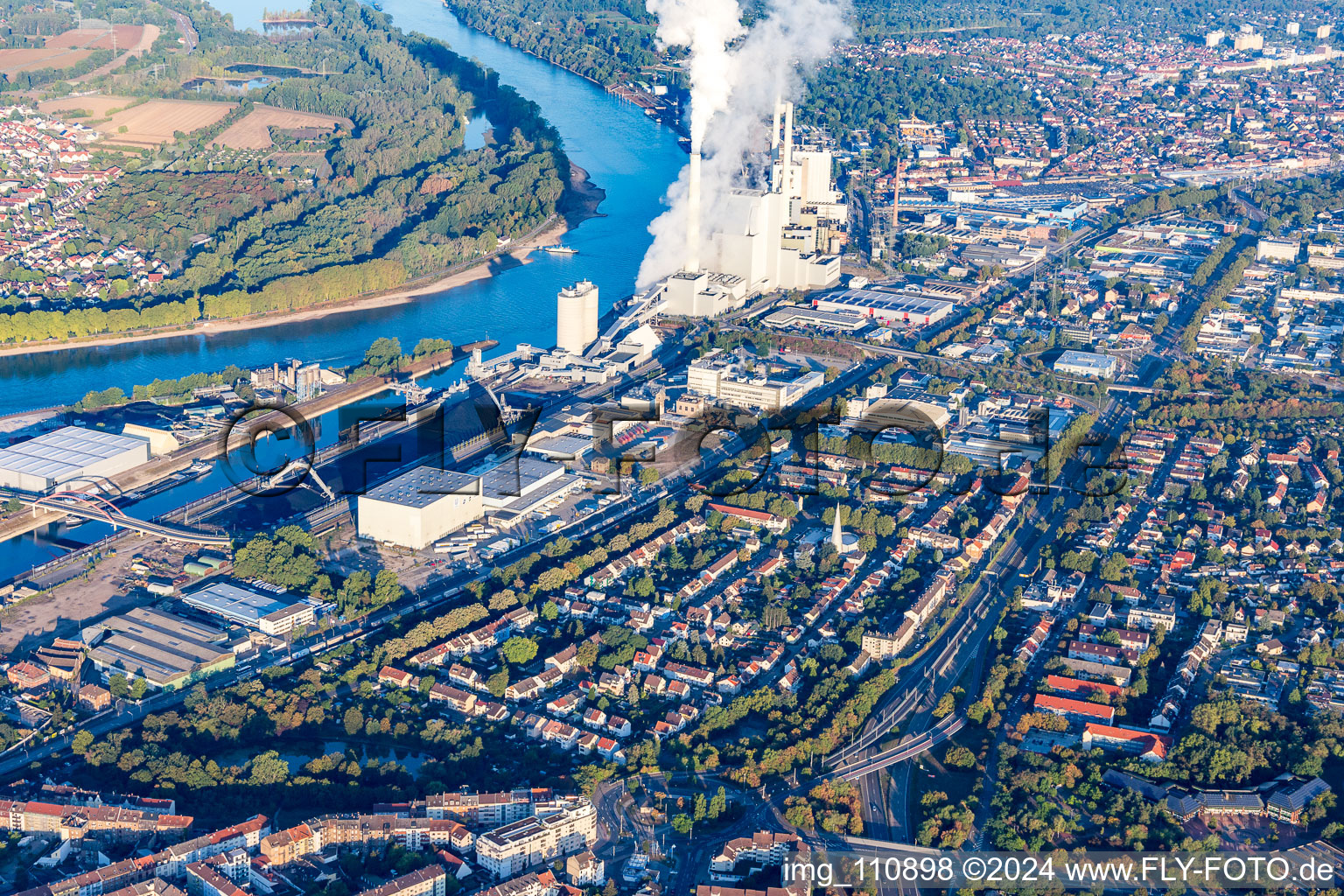 Drone recording of District Rheinau in Mannheim in the state Baden-Wuerttemberg, Germany